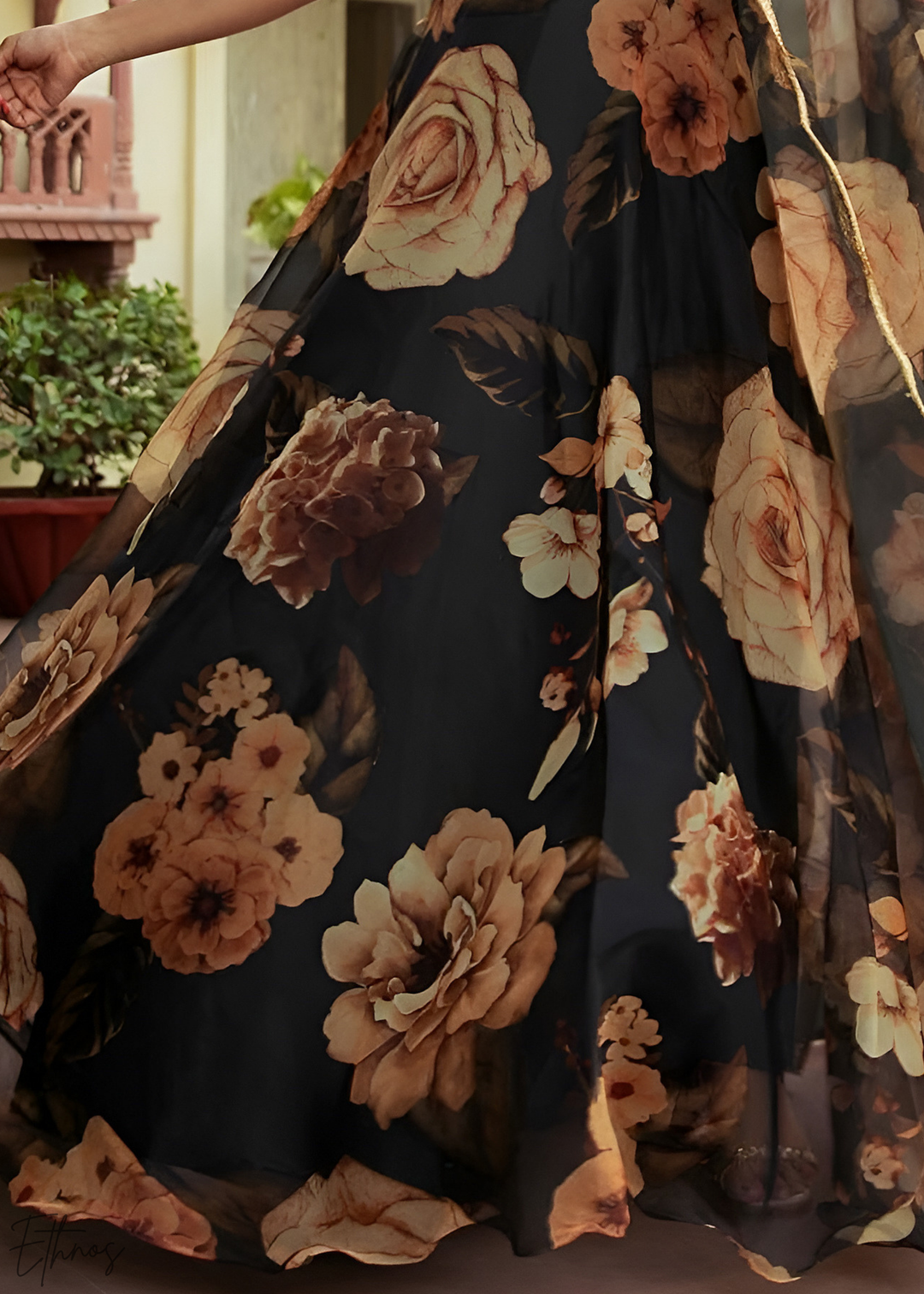 Onyx Midnight Dahlia Rose Organza Lehenga