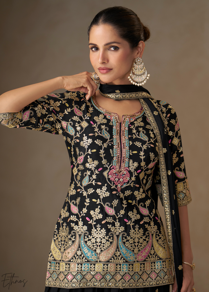 Onyx Black Persian Vine Chinon Palazzo Suit