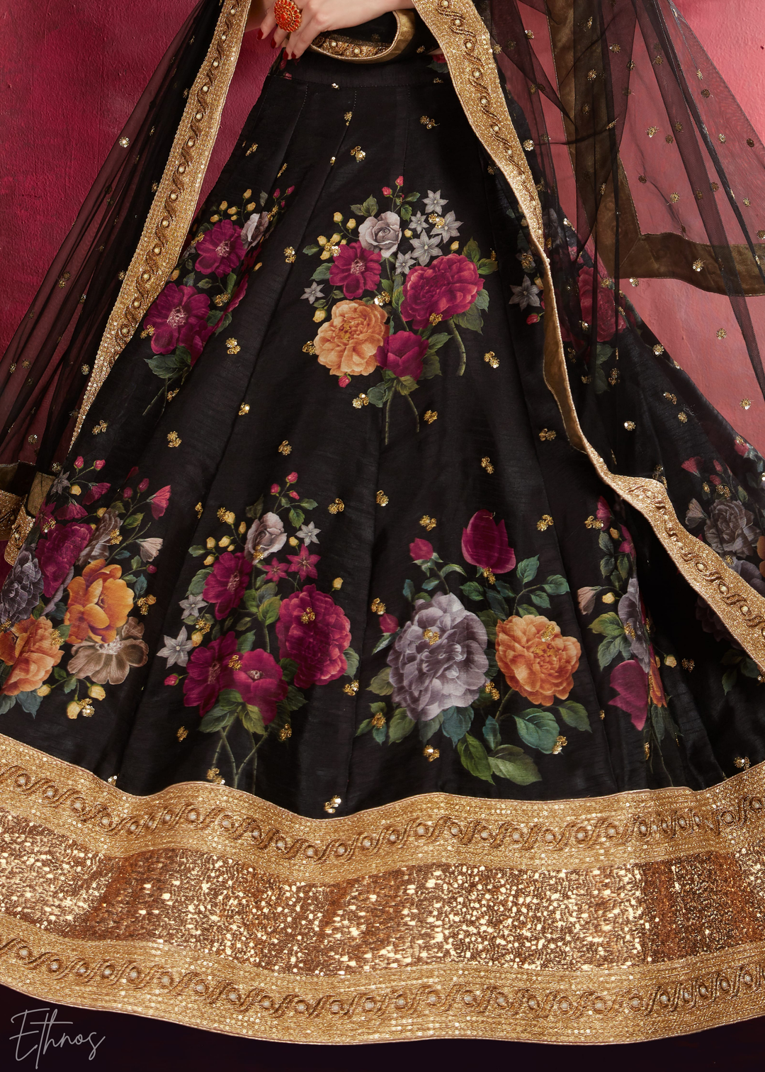 Onyx Black Zari Rose Silk Lehenga