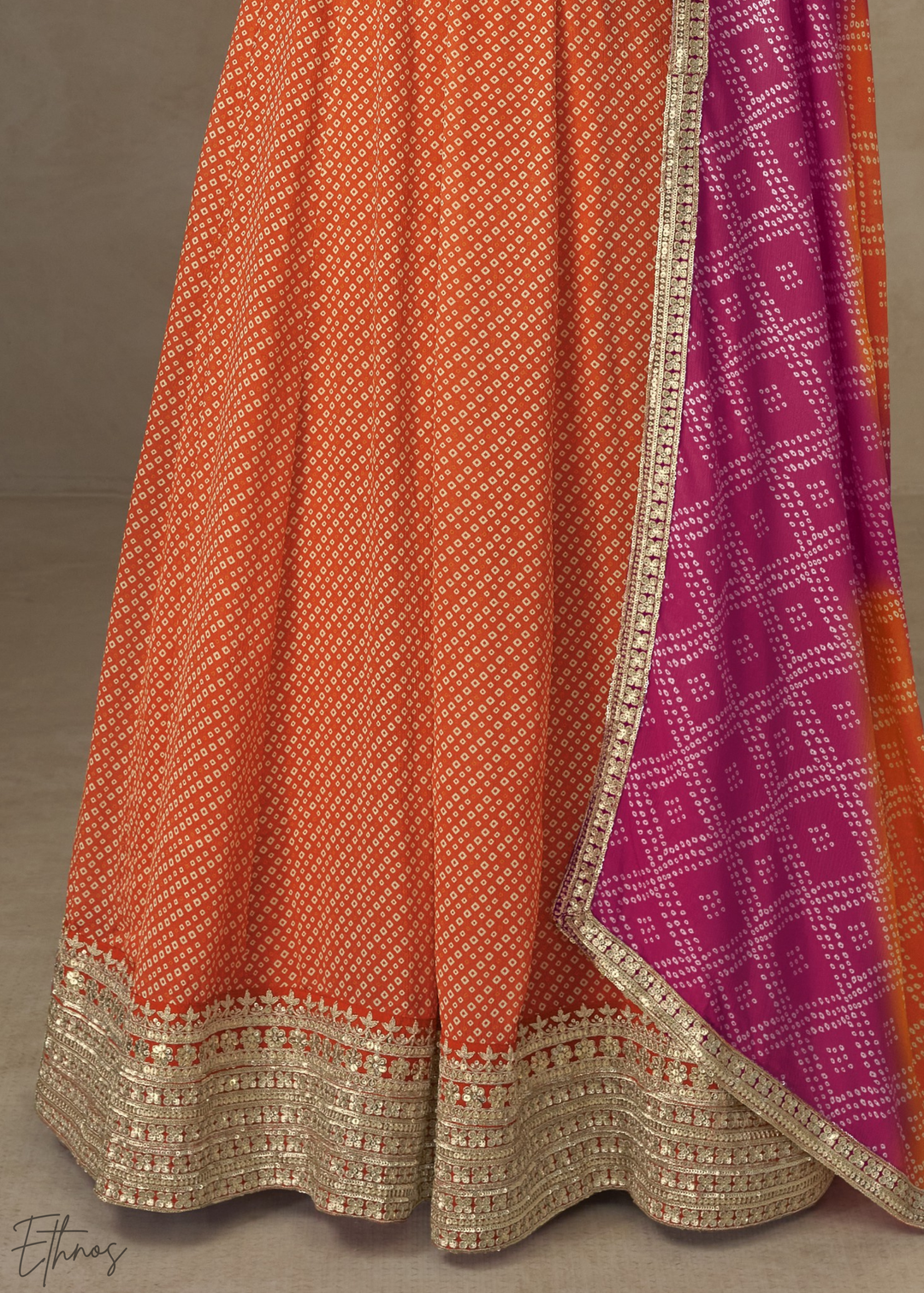 Orange Bandhani Chinon Gown Set