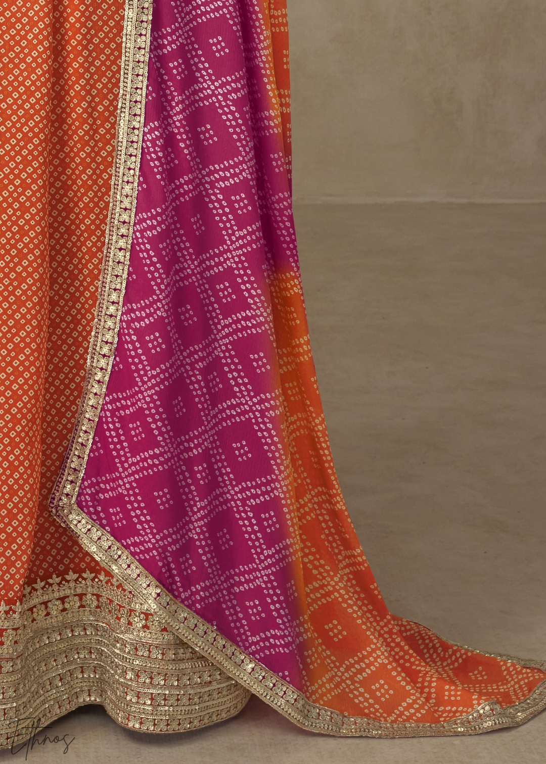 Orange Bandhani Chinon Gown Set