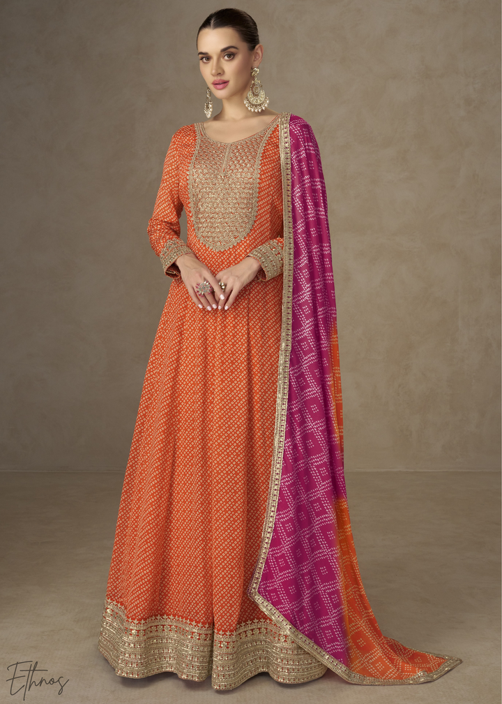 Orange Bandhani Chinon Gown Set