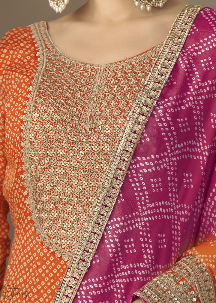 Orange Bandhani Chinon Gown Set