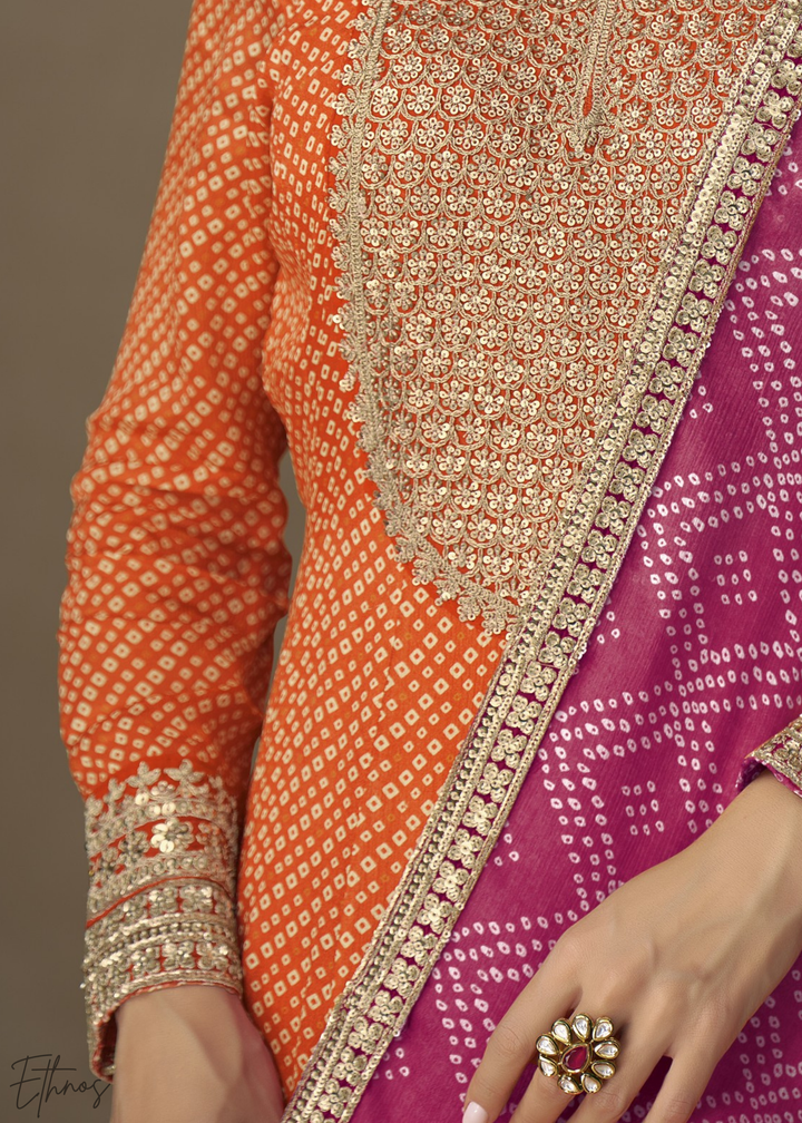 Orange Bandhani Chinon Gown Set