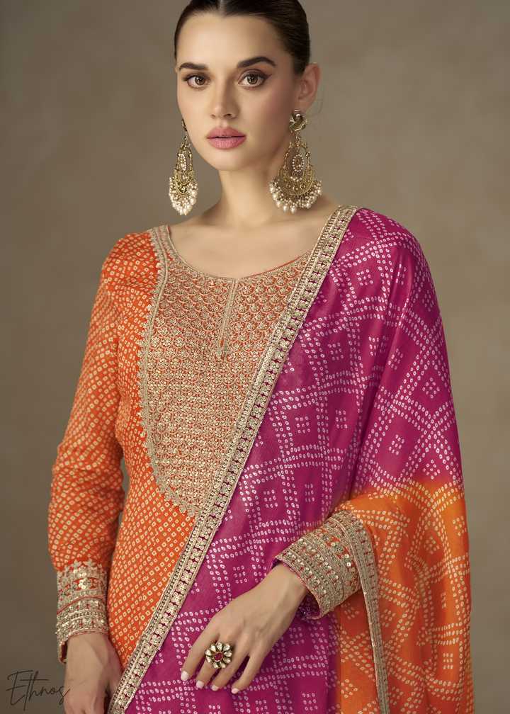 Orange Bandhani Chinon Gown Set