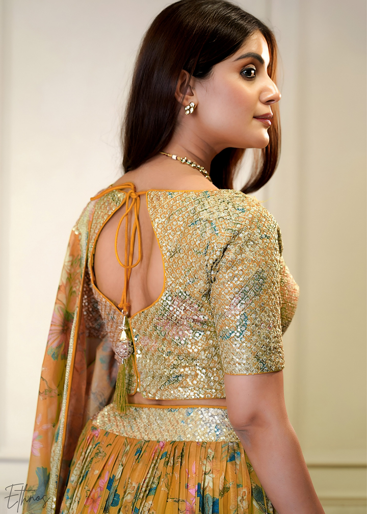 Orange Botanical Bloom Organza Lehenga