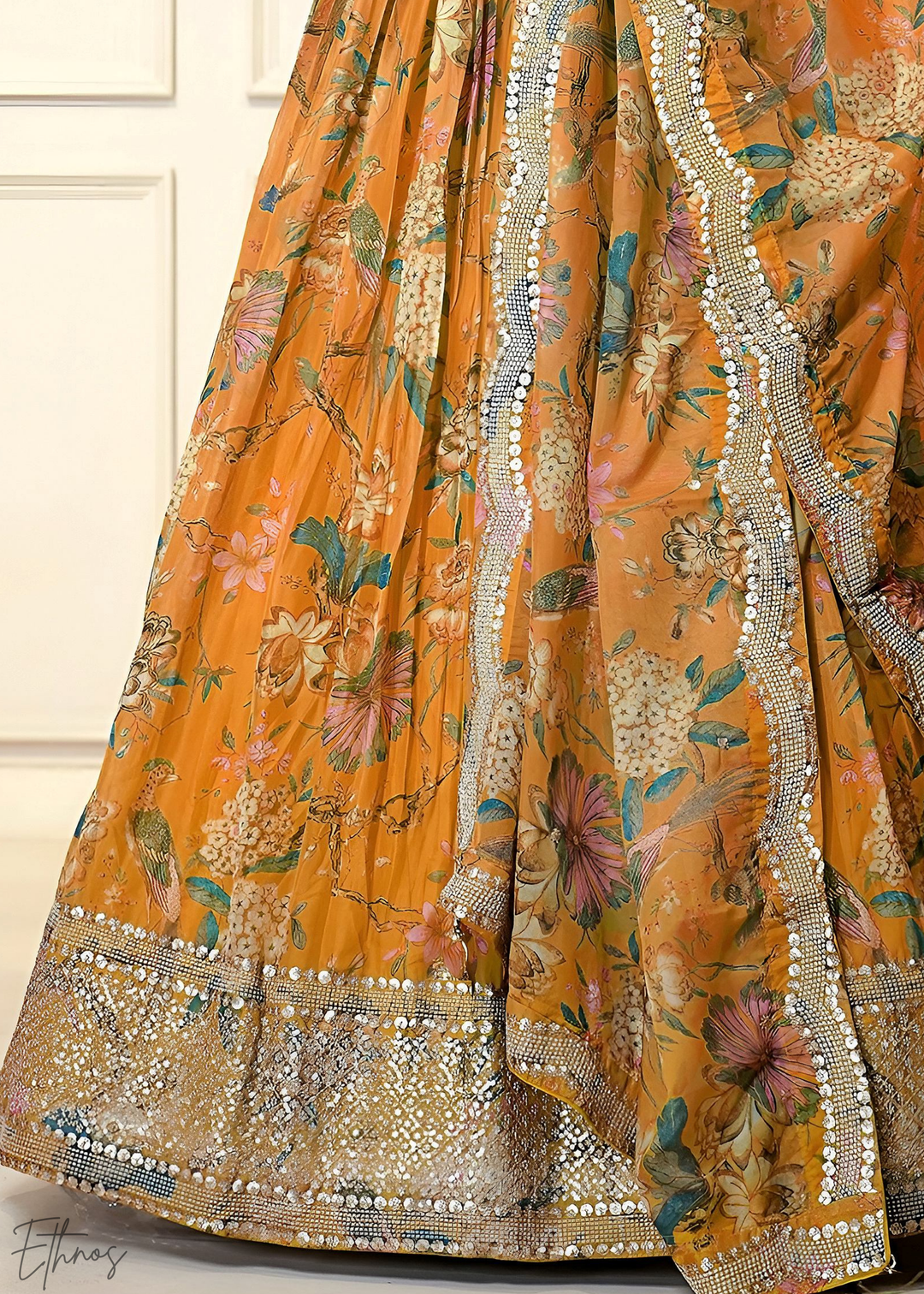 Orange Botanical Bloom Organza Lehenga