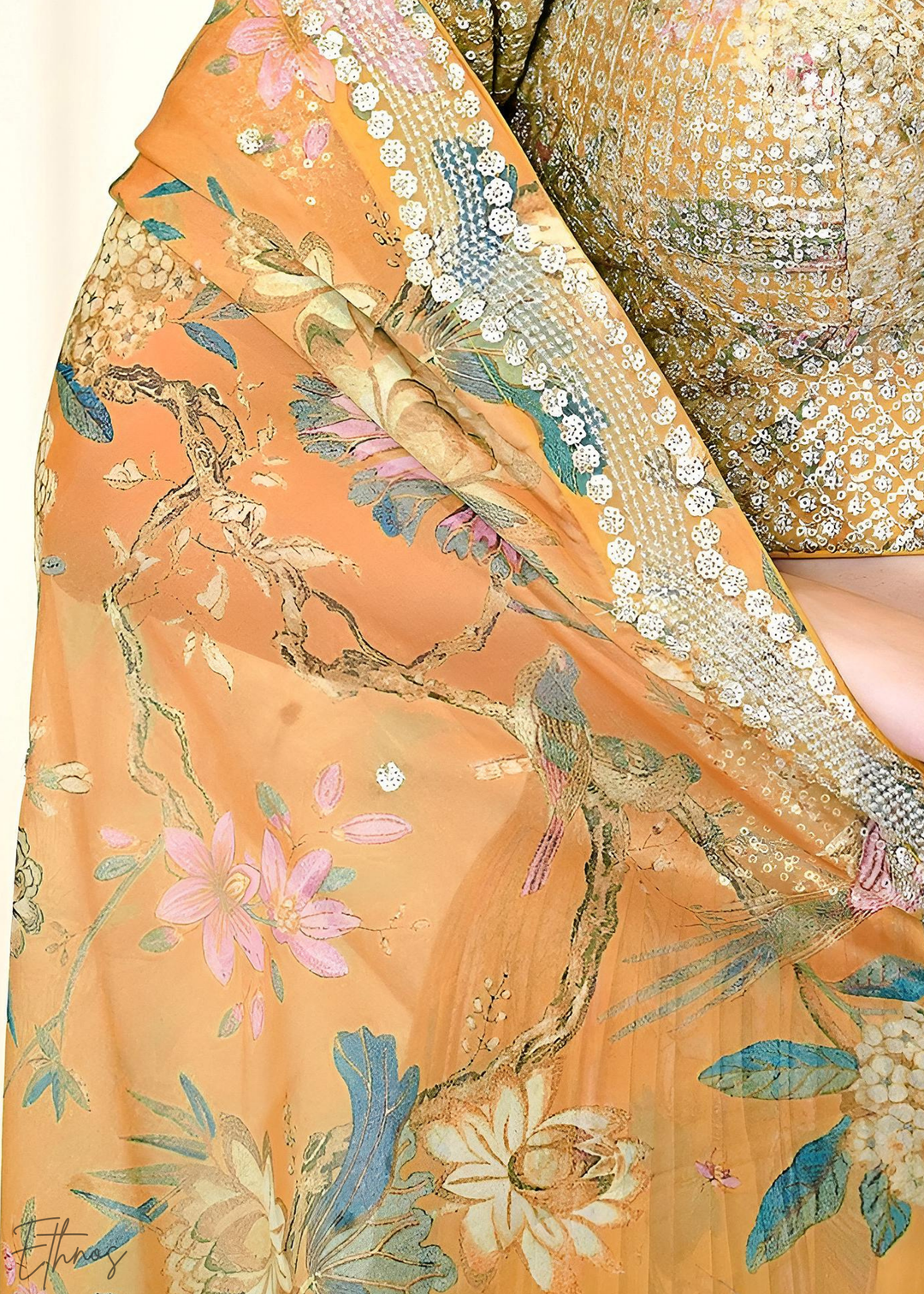 Orange Botanical Bloom Organza Lehenga