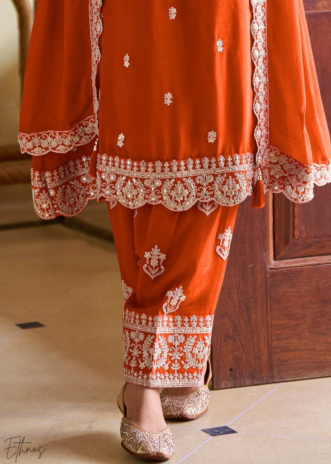 Orange Embroidered Chinon Salwar Suit