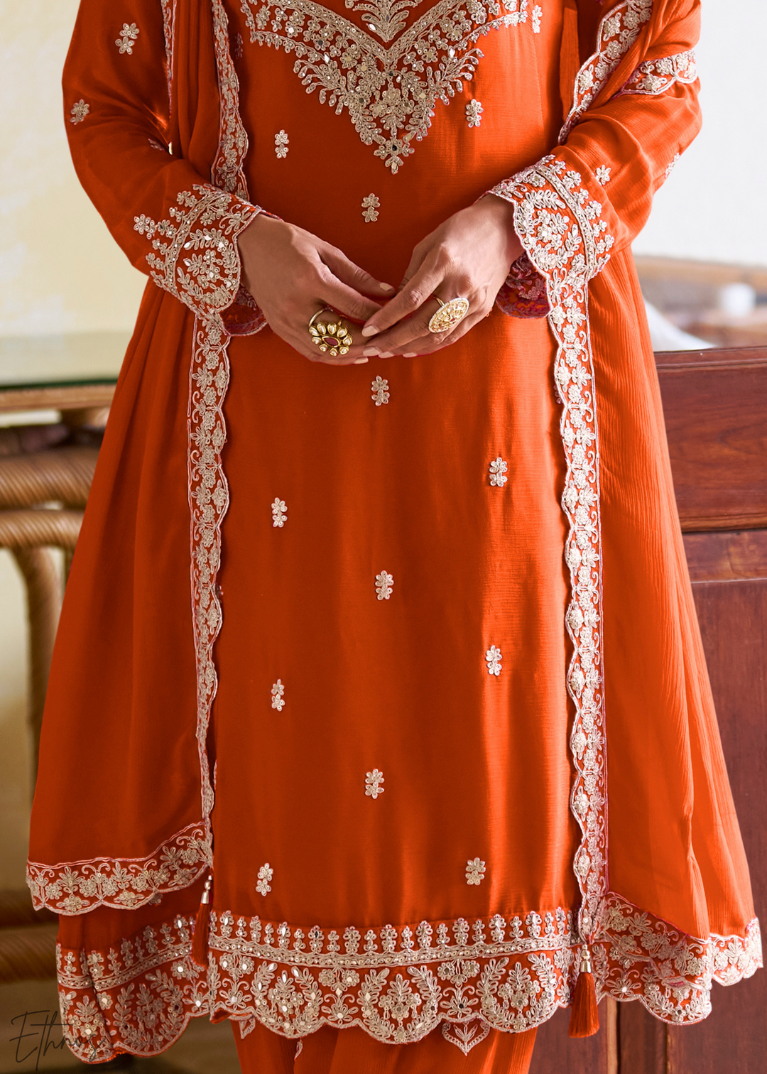 Orange Embroidered Chinon Salwar Suit
