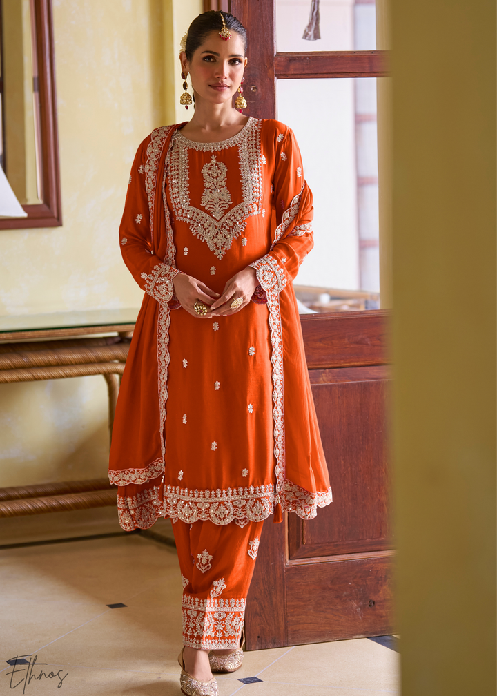 Orange Embroidered Chinon Salwar Suit