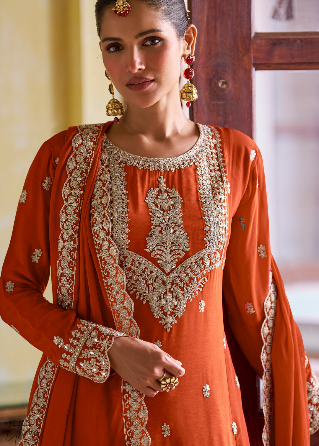 Orange Embroidered Chinon Salwar Suit