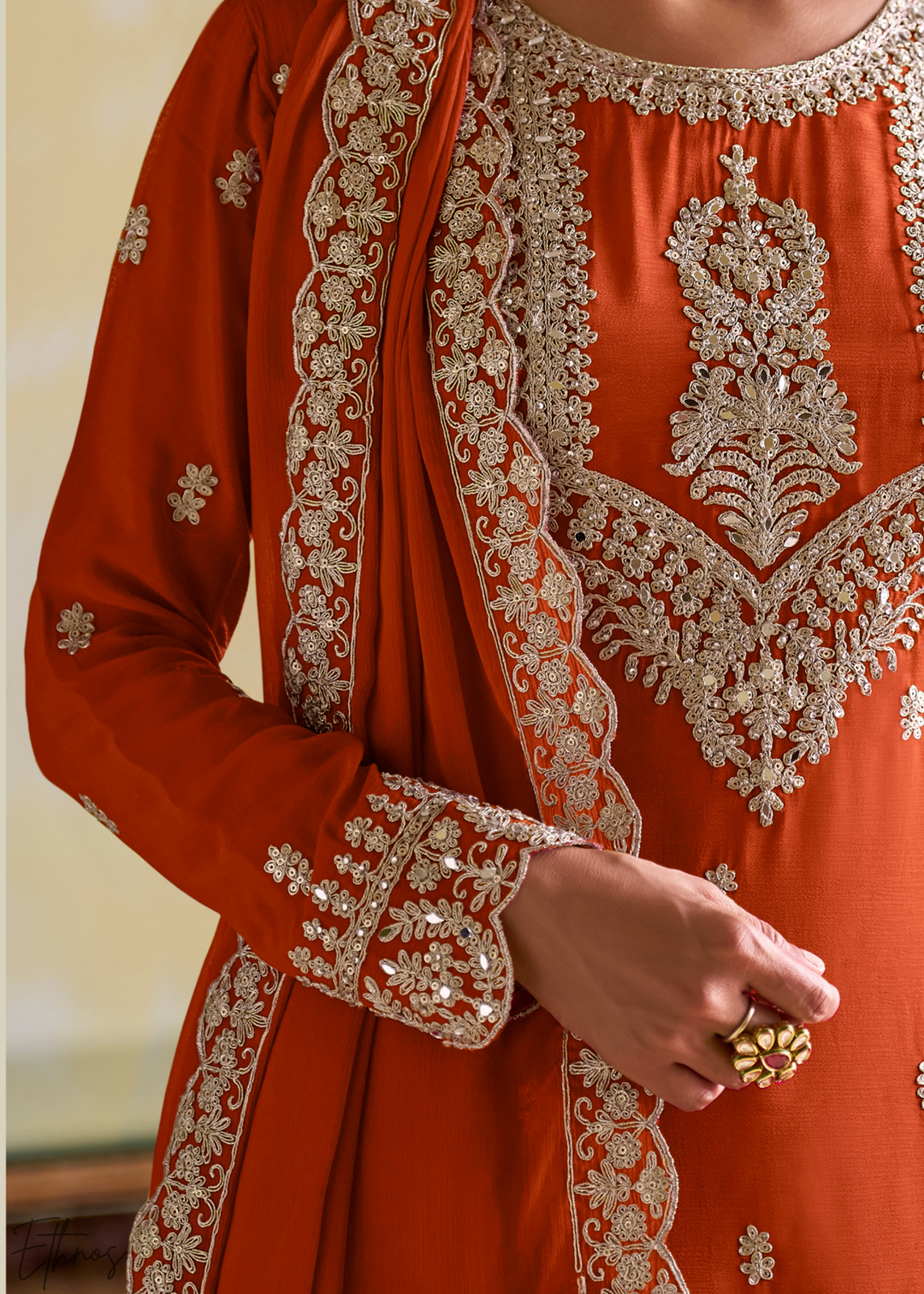 Orange Embroidered Chinon Salwar Suit