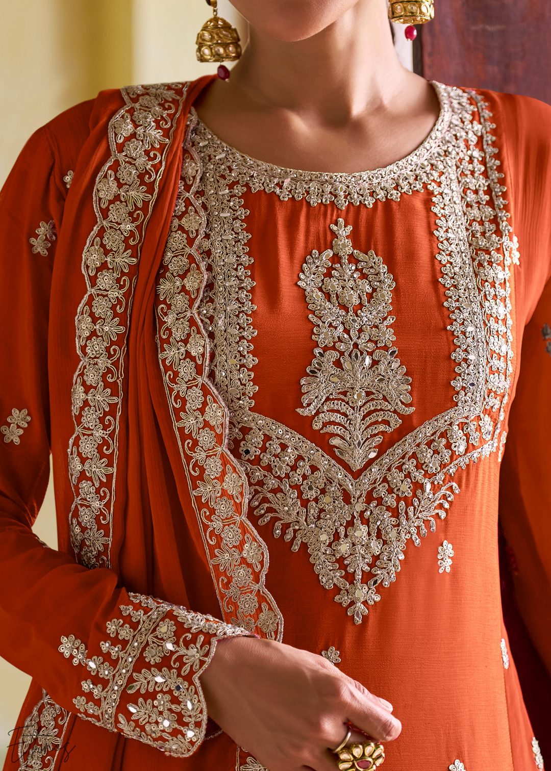 Orange Embroidered Chinon Salwar Suit