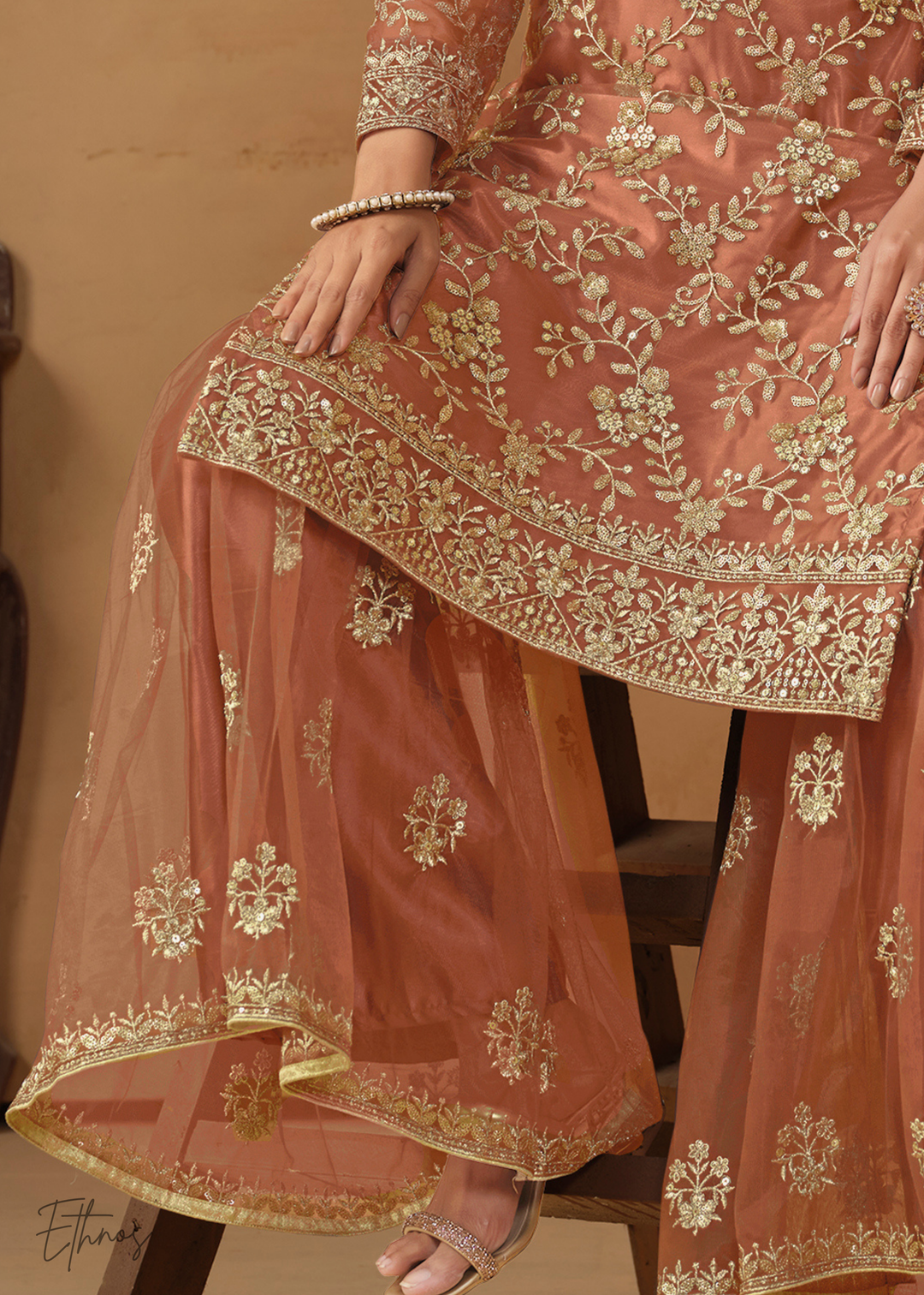 Orange Dori Embroidered Net Sharara Suit