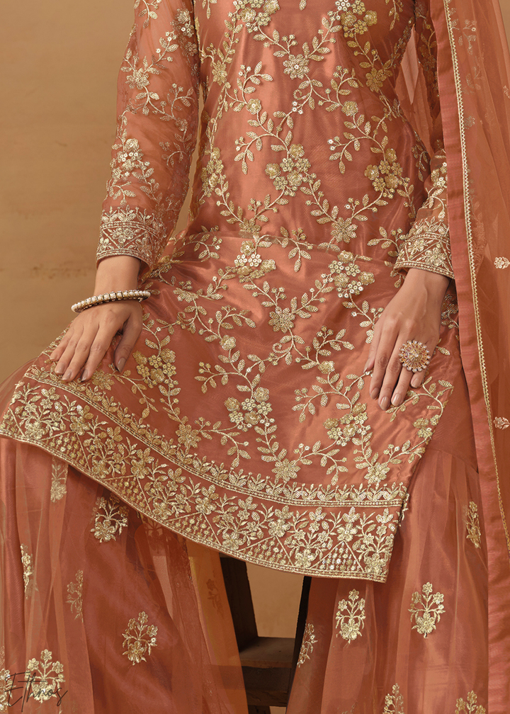Orange Dori Embroidered Net Sharara Suit