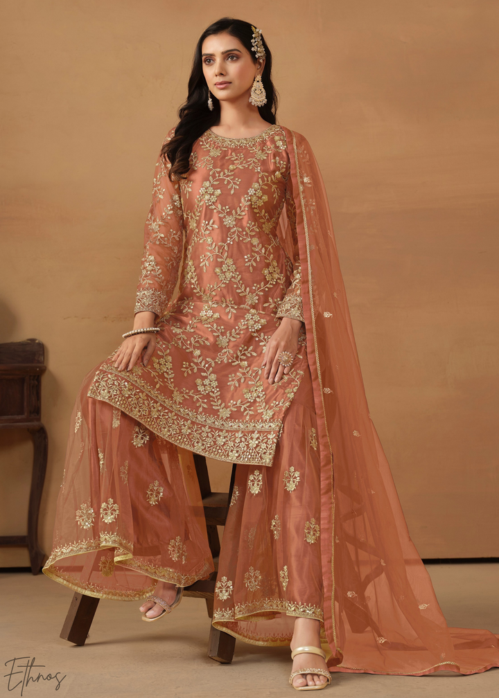 Orange Dori Embroidered Net Sharara Suit