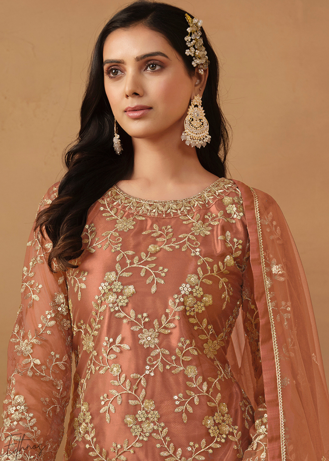 Orange Dori Embroidered Net Sharara Suit