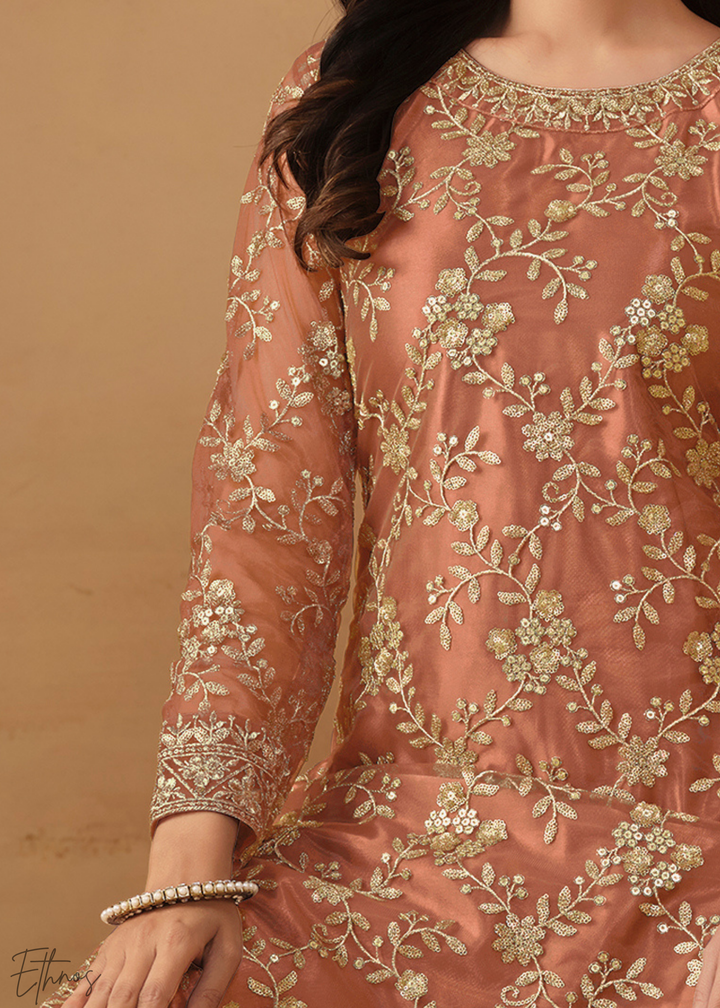 Orange Dori Embroidered Net Sharara Suit