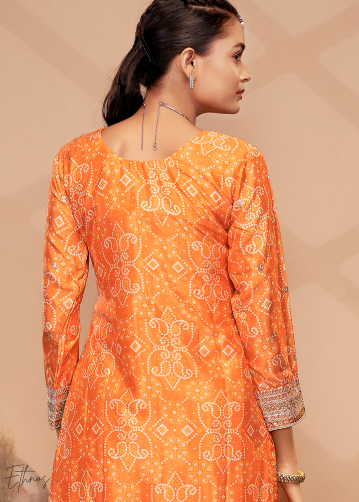 Orange Embroidered Bandhani Chinon Palazzo Suit