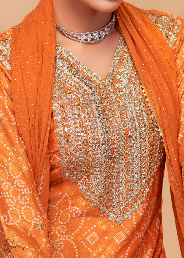 Orange Embroidered Bandhani Chinon Palazzo Suit