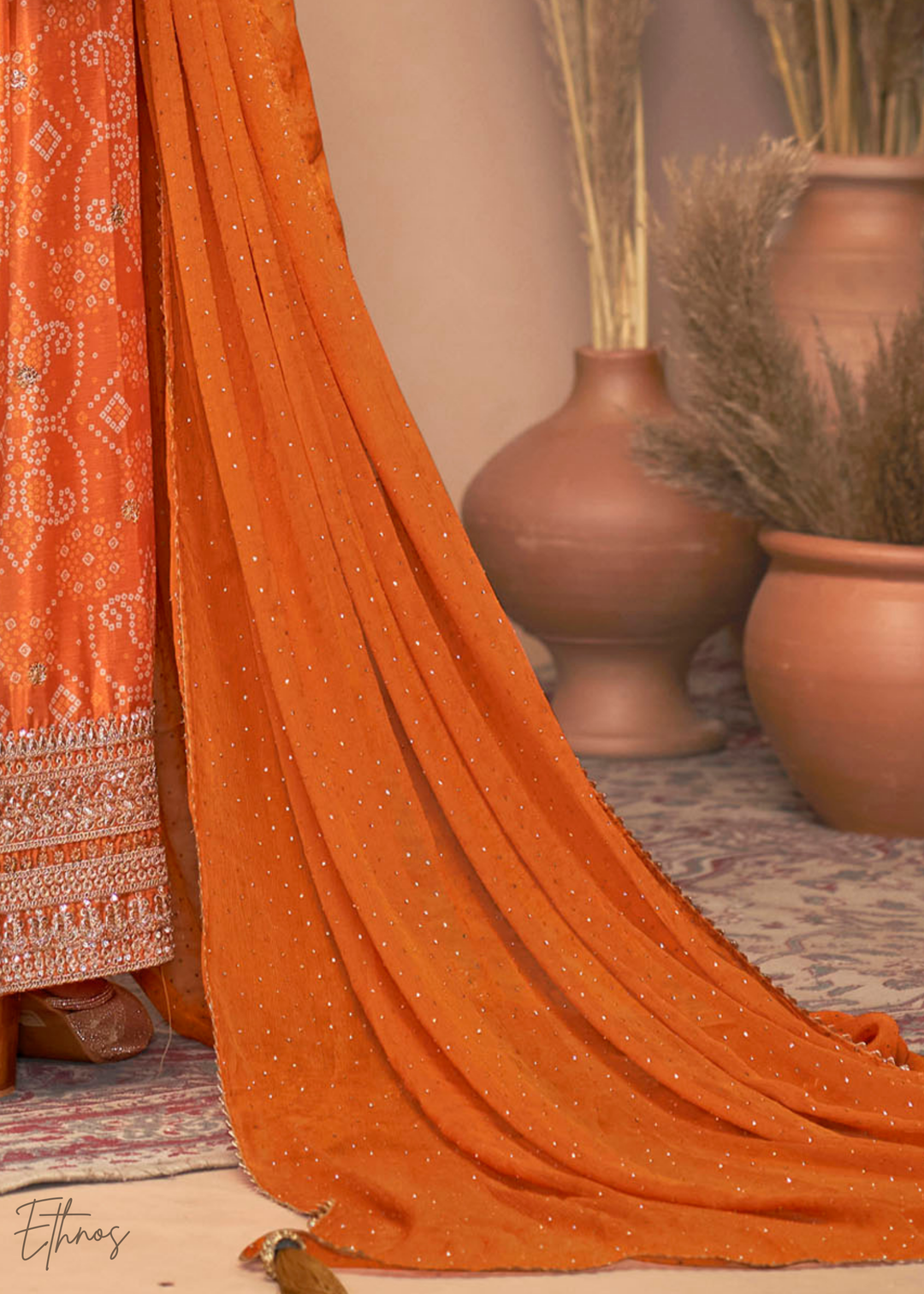 Orange Embroidered Bandhani Chinon Palazzo Suit