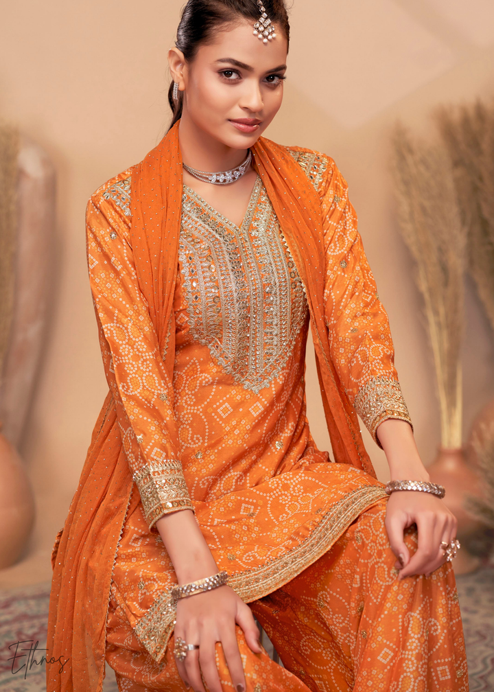 Orange Embroidered Bandhani Chinon Palazzo Suit