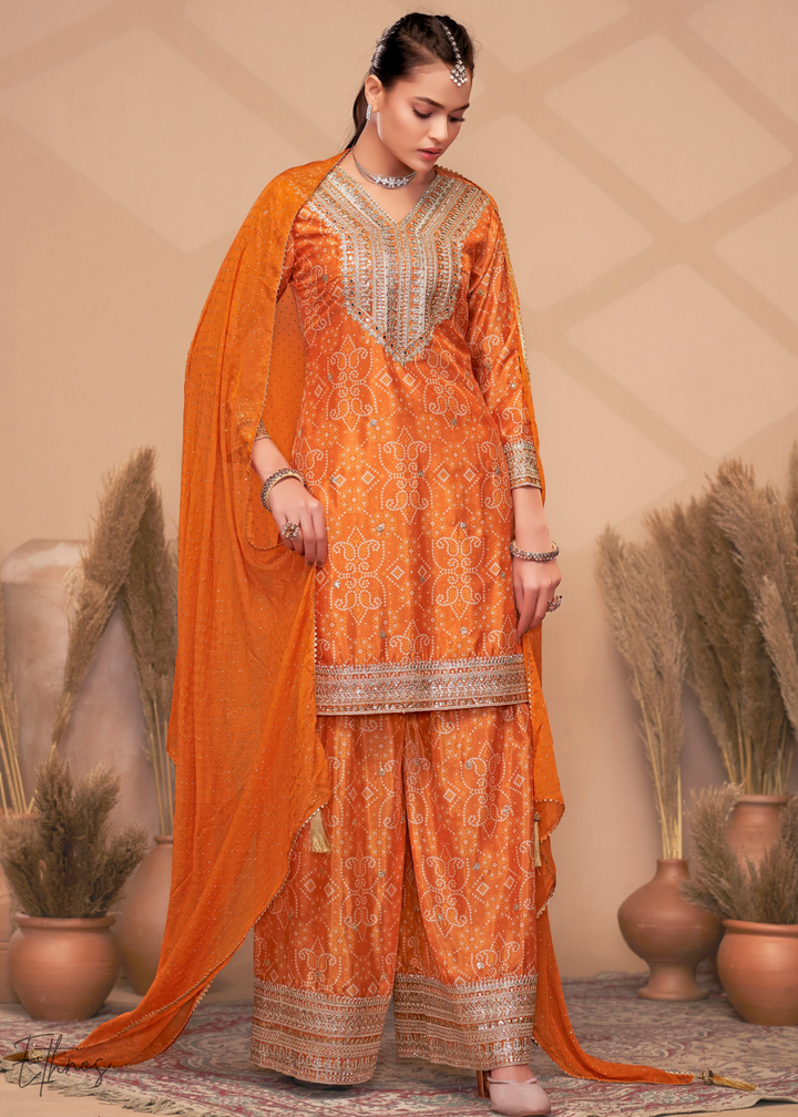 Orange Embroidered Bandhani Chinon Palazzo Suit