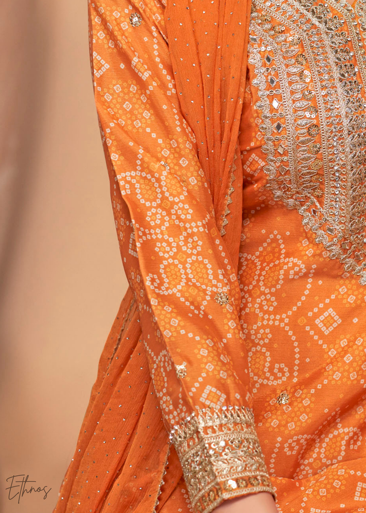 Orange Embroidered Bandhani Chinon Palazzo Suit