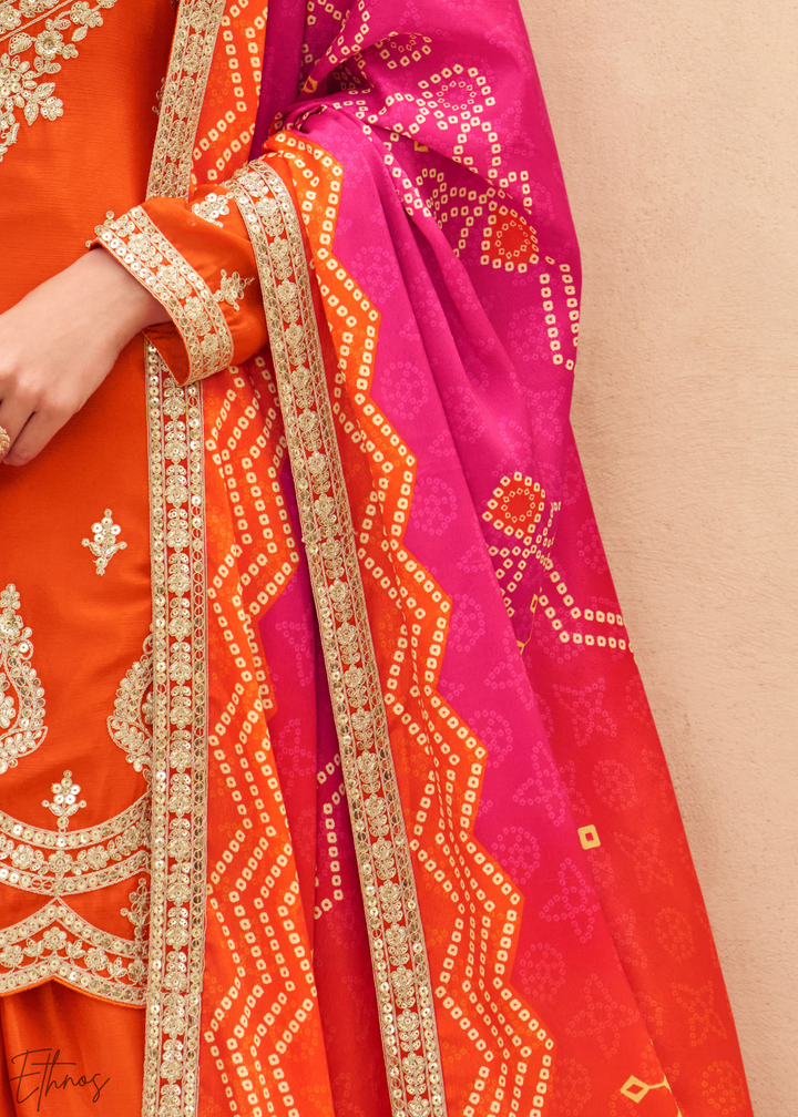 Orange Embroidered Chinon Sharara Suit