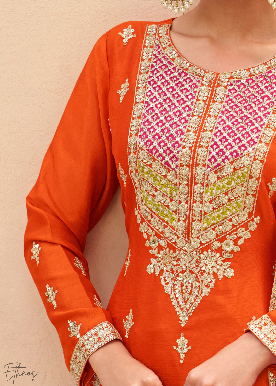 Orange Embroidered Chinon Sharara Suit