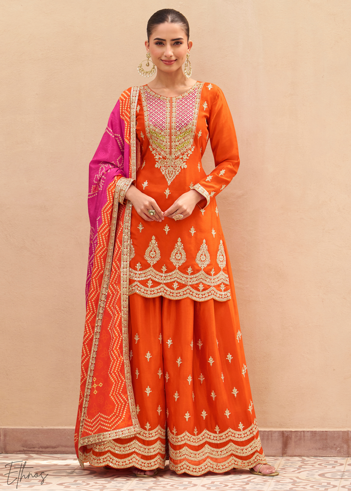 Orange Embroidered Chinon Sharara Suit