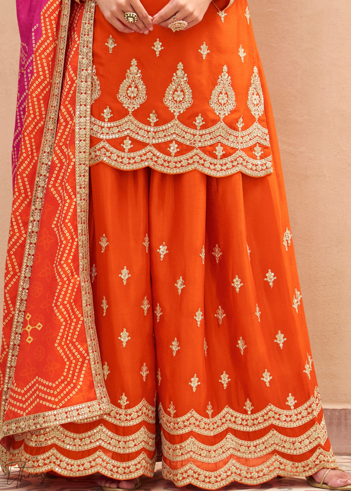 Orange Embroidered Chinon Sharara Suit