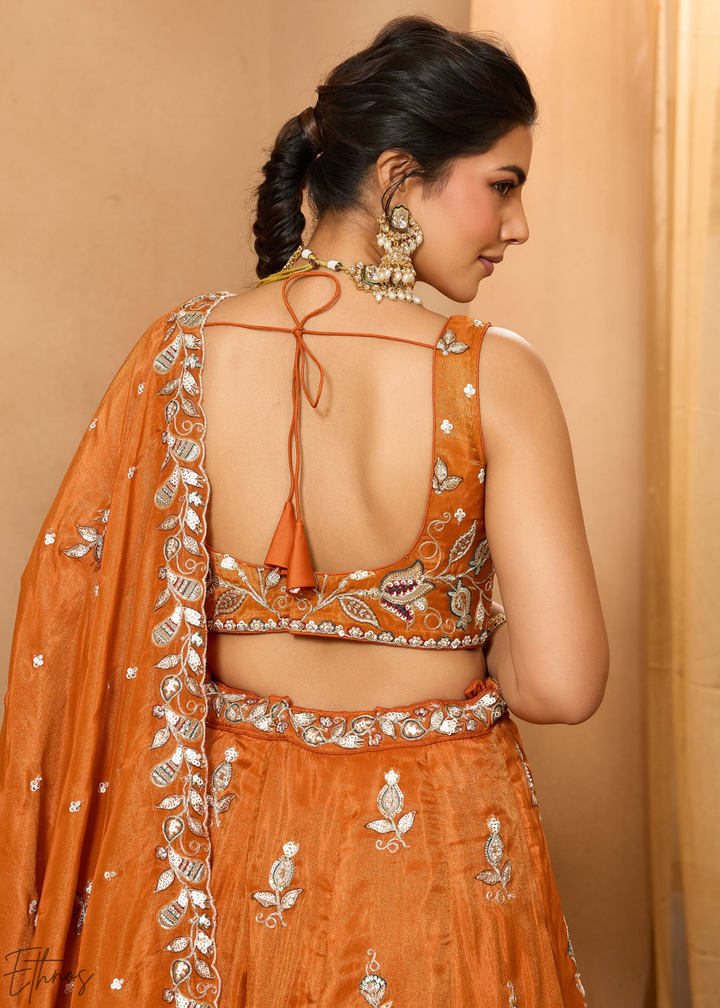 Orange Embroidered Scalloped-Border Tissue Lehenga