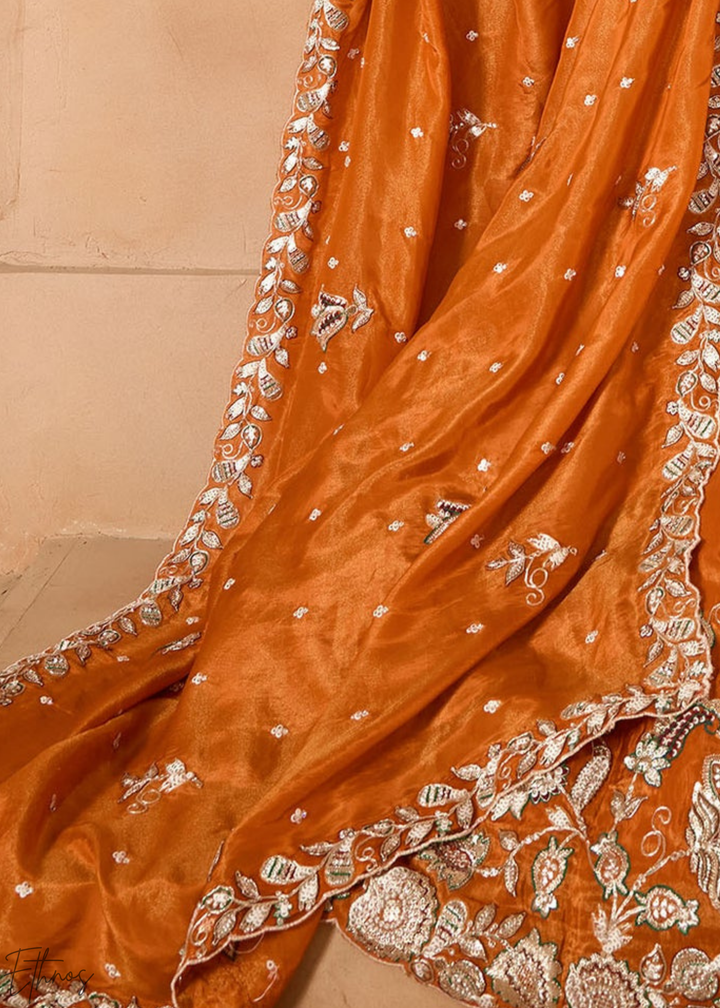 Orange Embroidered Scalloped-Border Tissue Lehenga