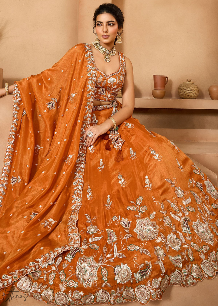 Orange Embroidered Scalloped-Border Tissue Lehenga
