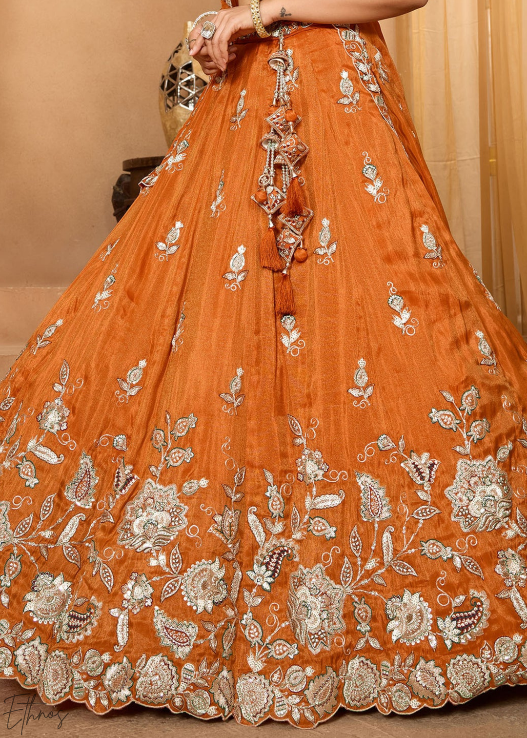 Orange Embroidered Scalloped-Border Tissue Lehenga