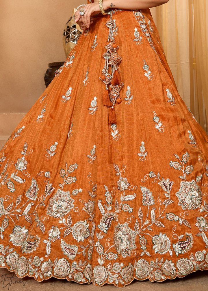Orange Embroidered Scalloped-Border Tissue Lehenga