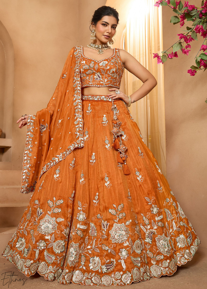 Orange Embroidered Scalloped-Border Tissue Lehenga