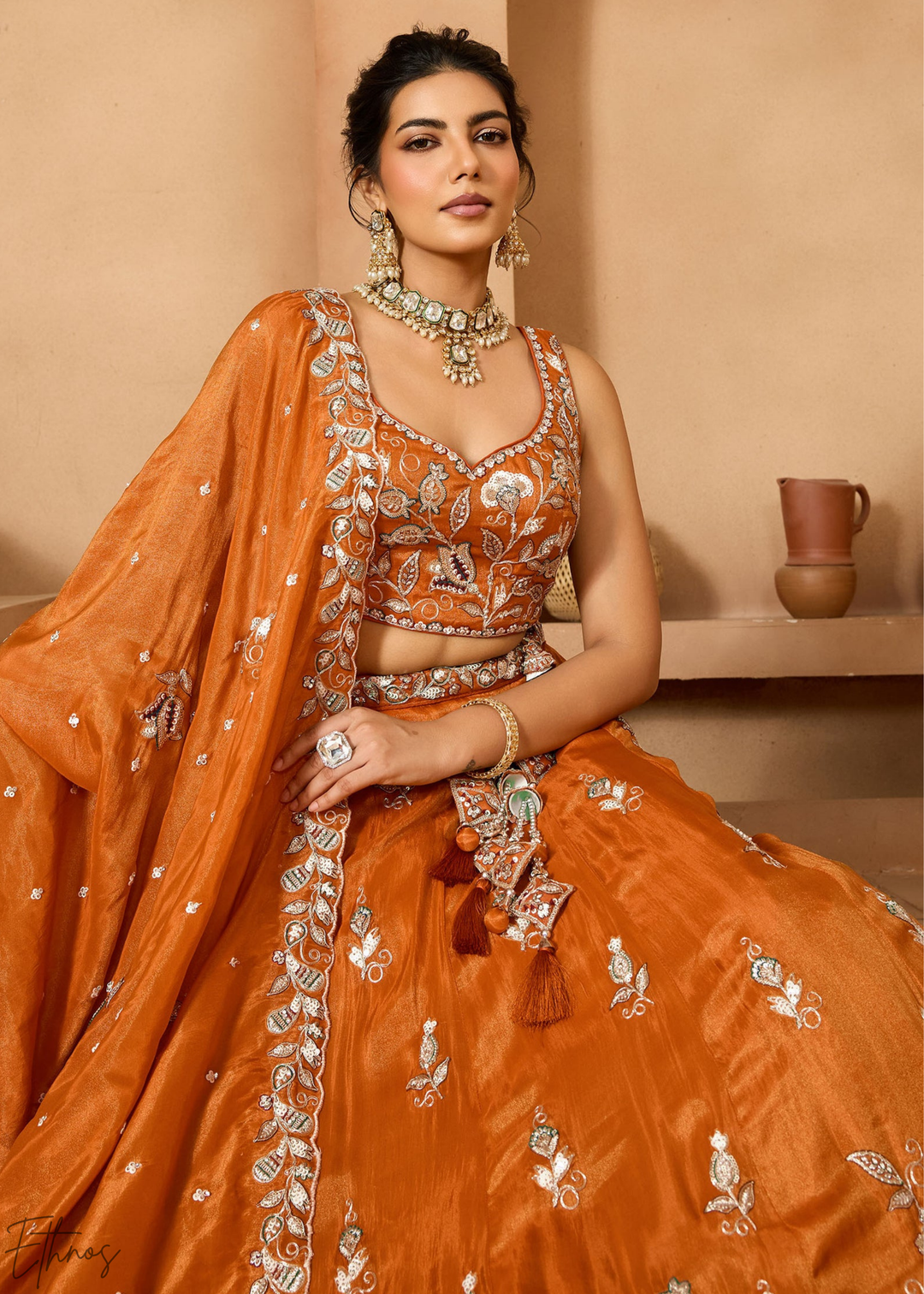 Orange Embroidered Scalloped-Border Tissue Lehenga