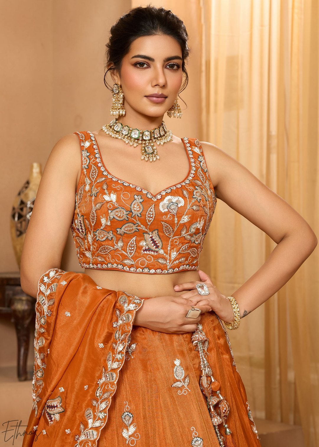 Orange Embroidered Scalloped-Border Tissue Lehenga