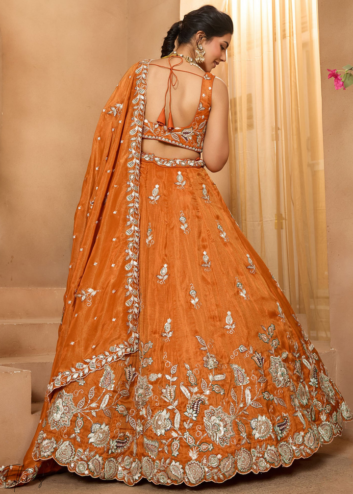 Orange Embroidered Scalloped-Border Tissue Lehenga