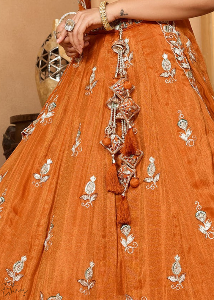 Orange Embroidered Scalloped-Border Tissue Lehenga