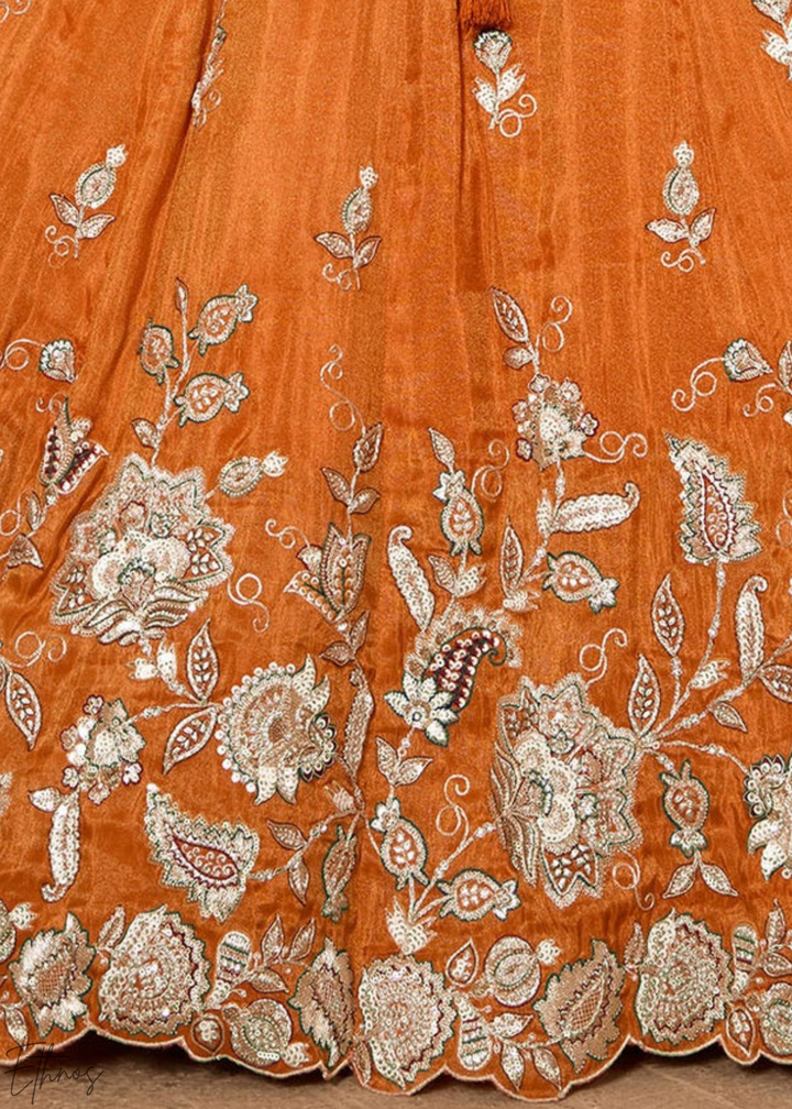 Orange Embroidered Scalloped-Border Tissue Lehenga