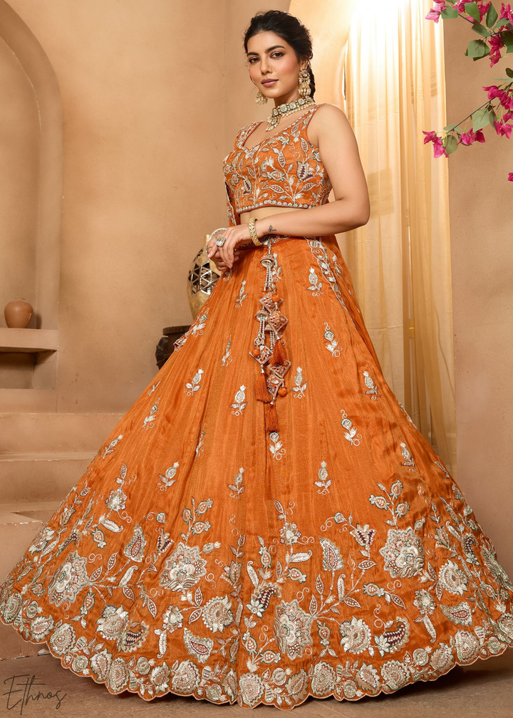 Orange Embroidered Scalloped-Border Tissue Lehenga