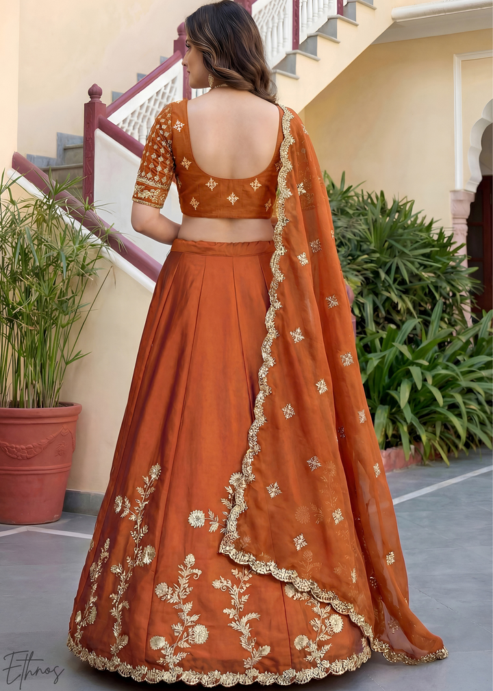 Deep Orange Floret Zari Rangoli Silk Lehenga