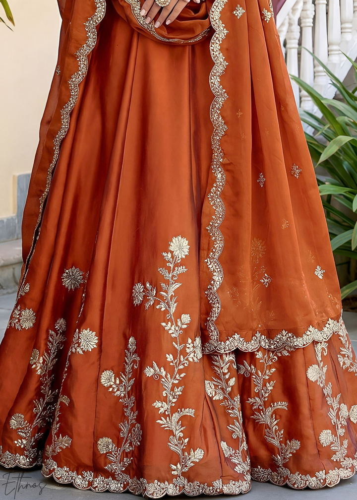 Deep Orange Floret Zari Rangoli Silk Lehenga