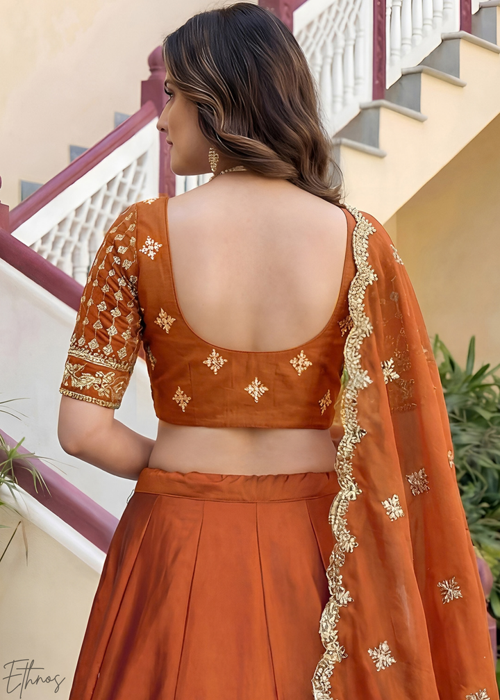 Deep Orange Floret Zari Rangoli Silk Lehenga
