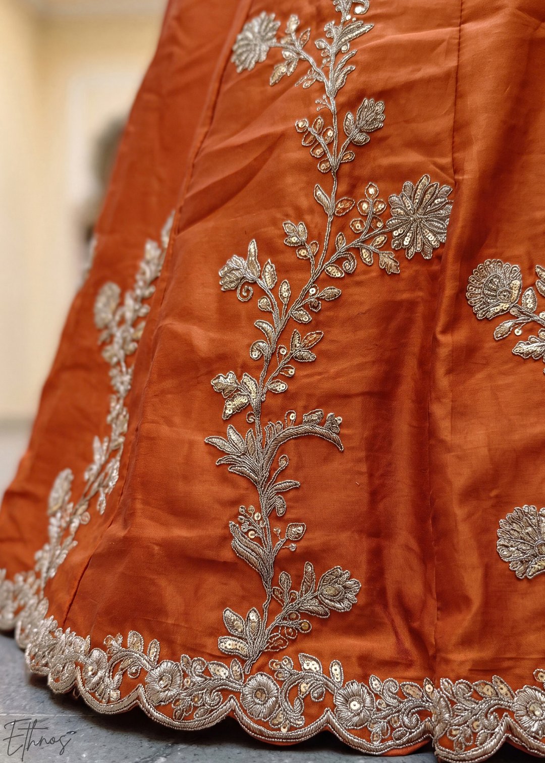 Deep Orange Floret Zari Rangoli Silk Lehenga