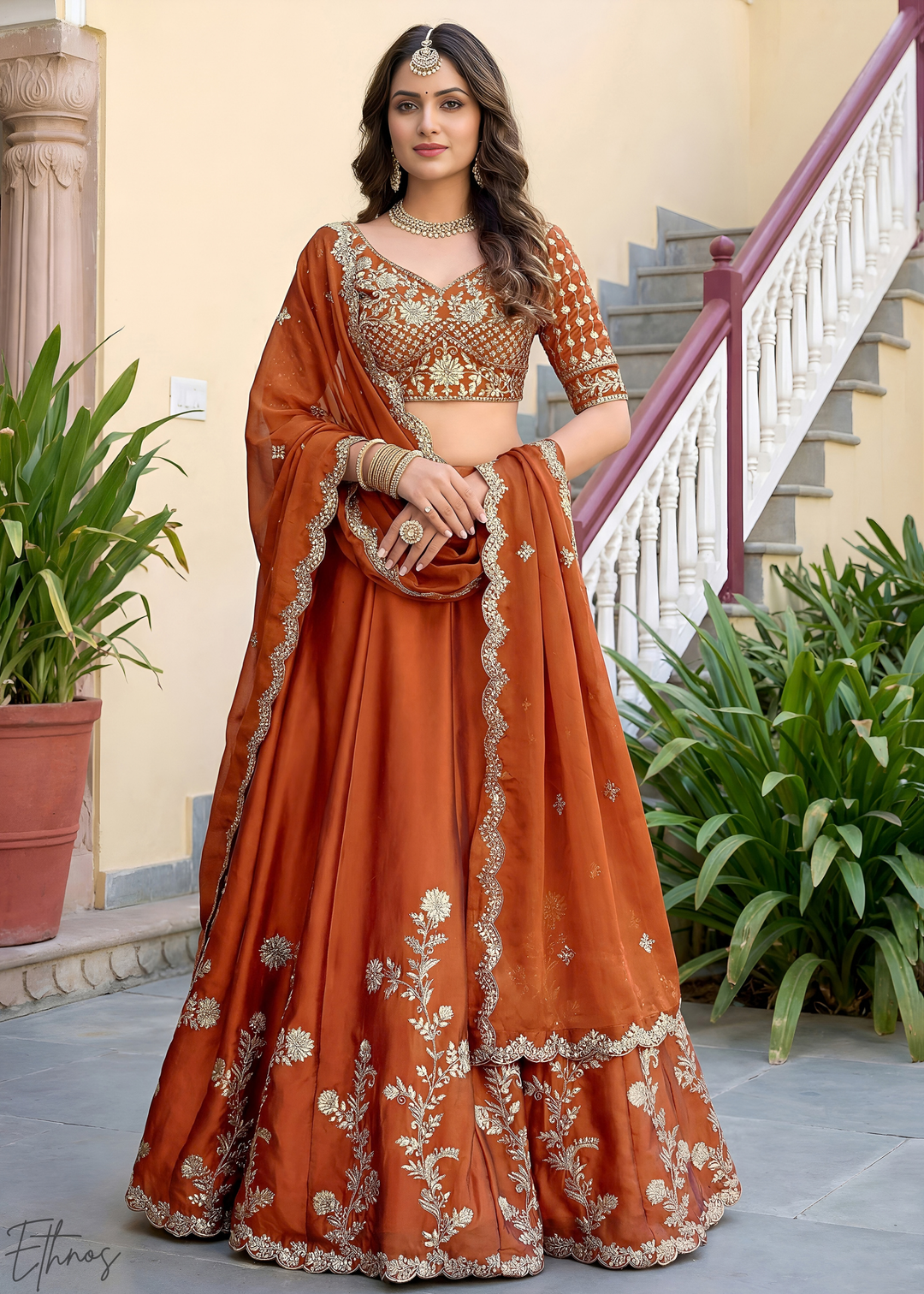 Deep Orange Floret Zari Rangoli Silk Lehenga
